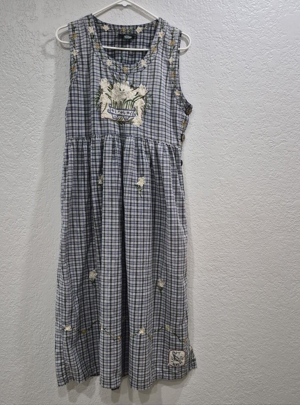 Vintage Papy Boez Blue Plaid Embroidered Cottagecore Maxi Dress Size S/M